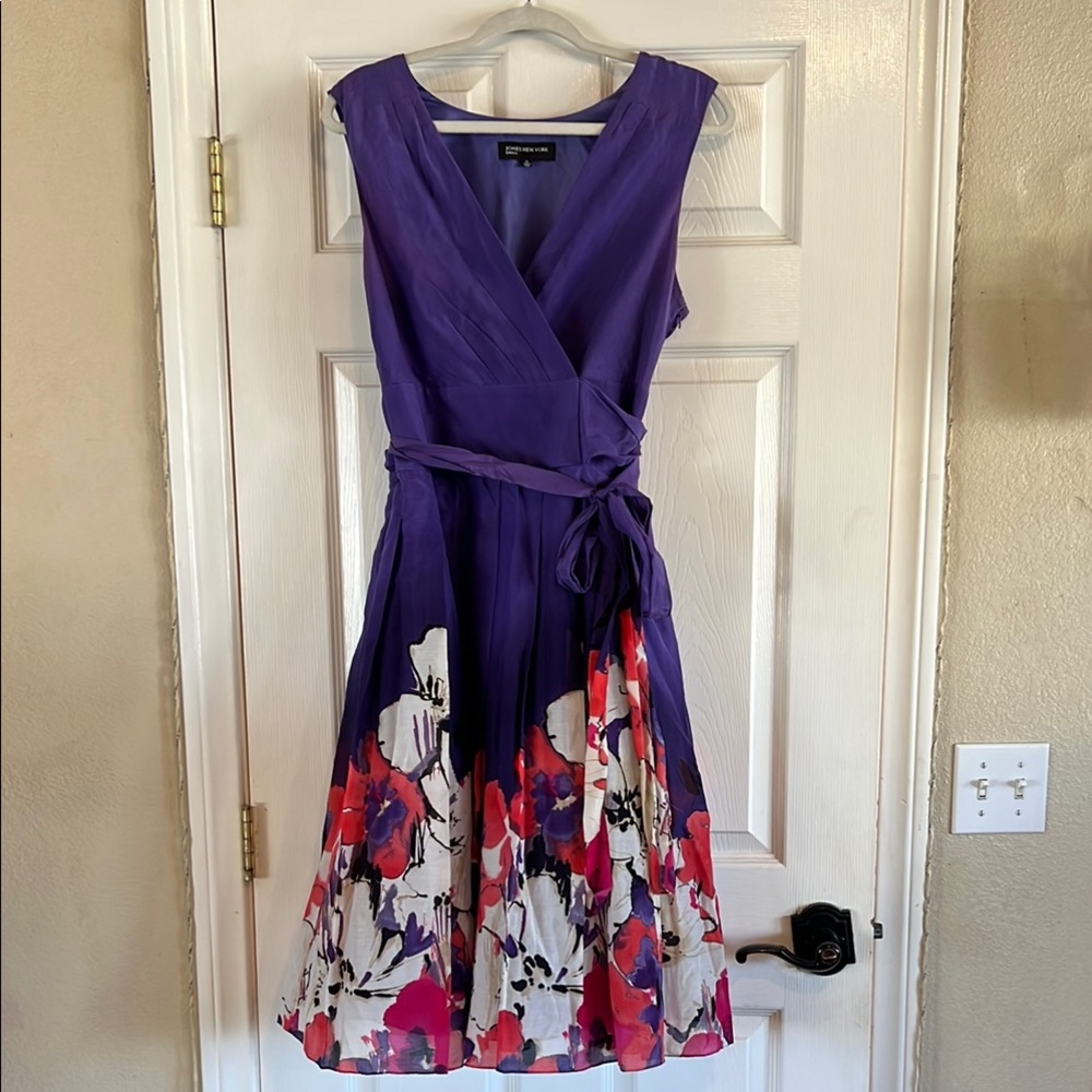 👗Jones New York Floral Midi Dress Size 14 Purple Pink Cotton Silk Elegant Summer